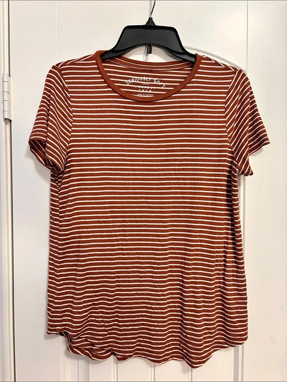 Aero Seriously Soft Perfect Crew Striped Short Sleeve Tee in Brown & White Size